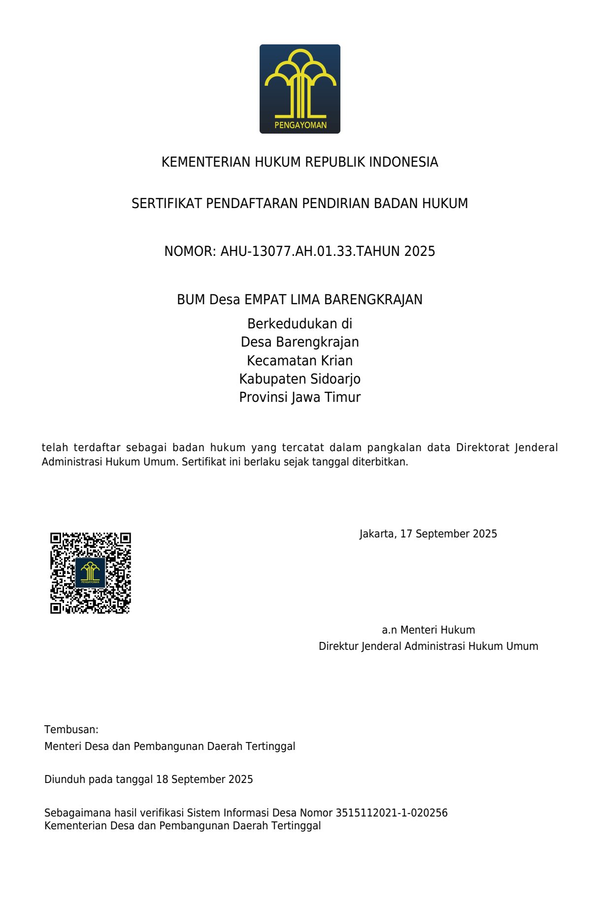 Badan Hukum Bumdes Empat Lima Barengkrajan